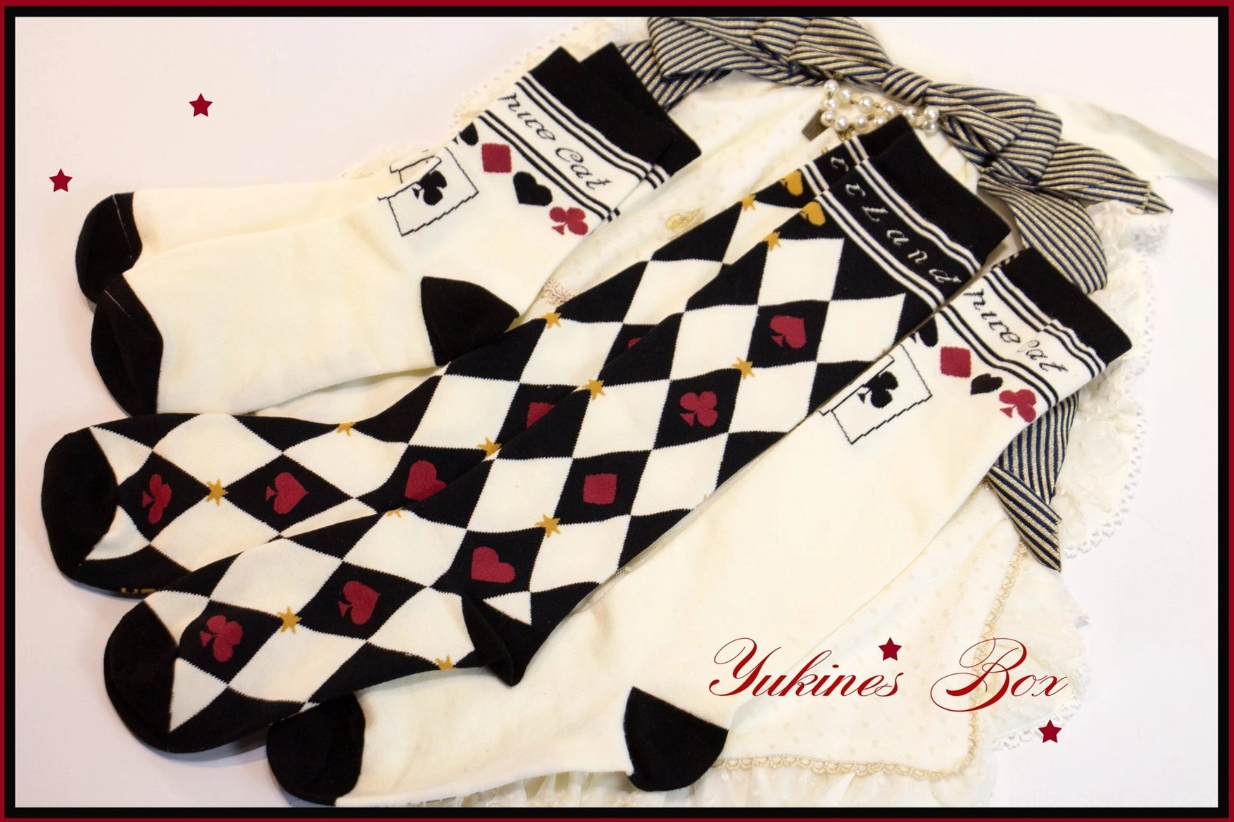 Black red diamond checkerboard poker suit print asymmetric lolita cotton socks striped bow opening top down flat lay star pattern desk