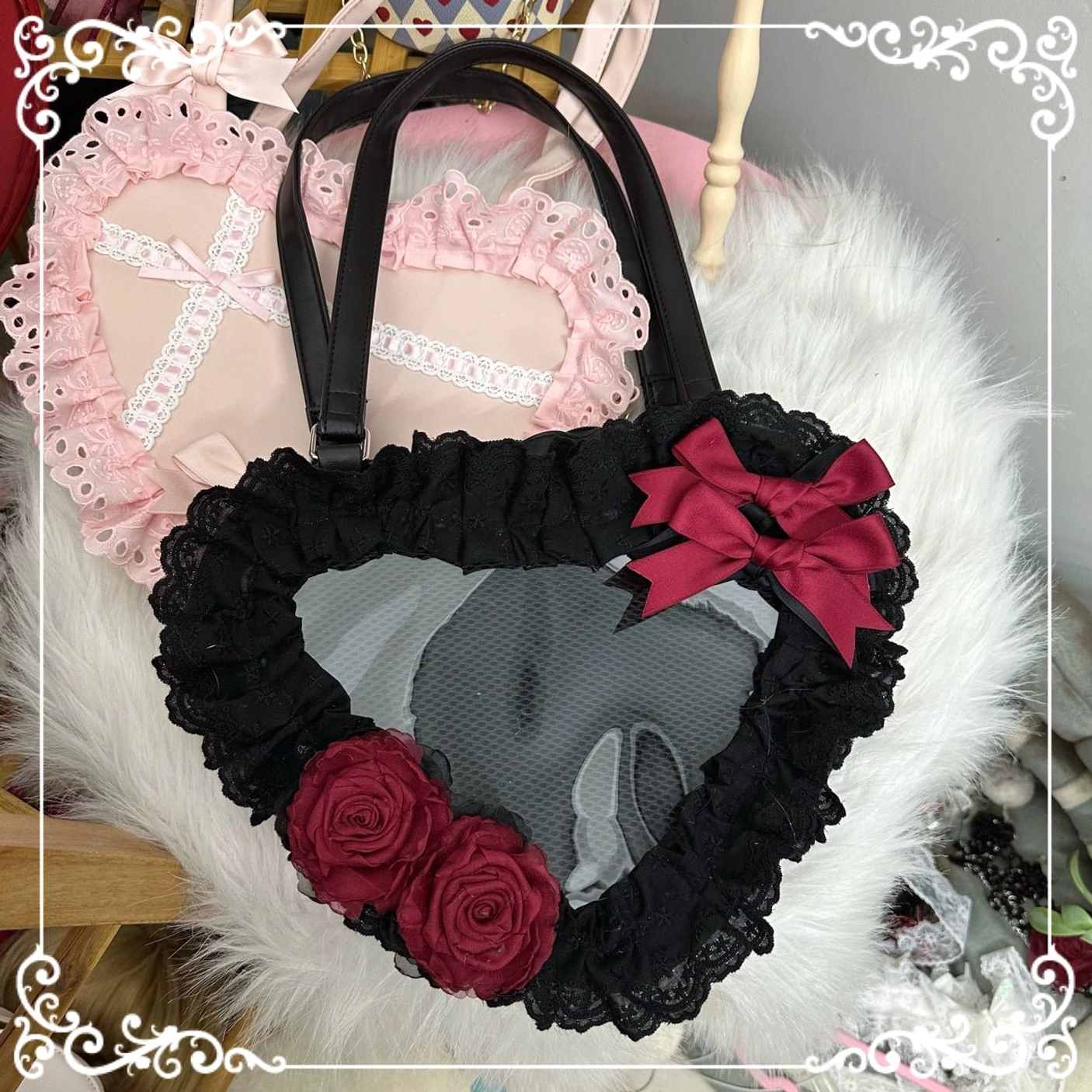 black and red heart-shaped lace lolita tote bag colorway variant front view product shot