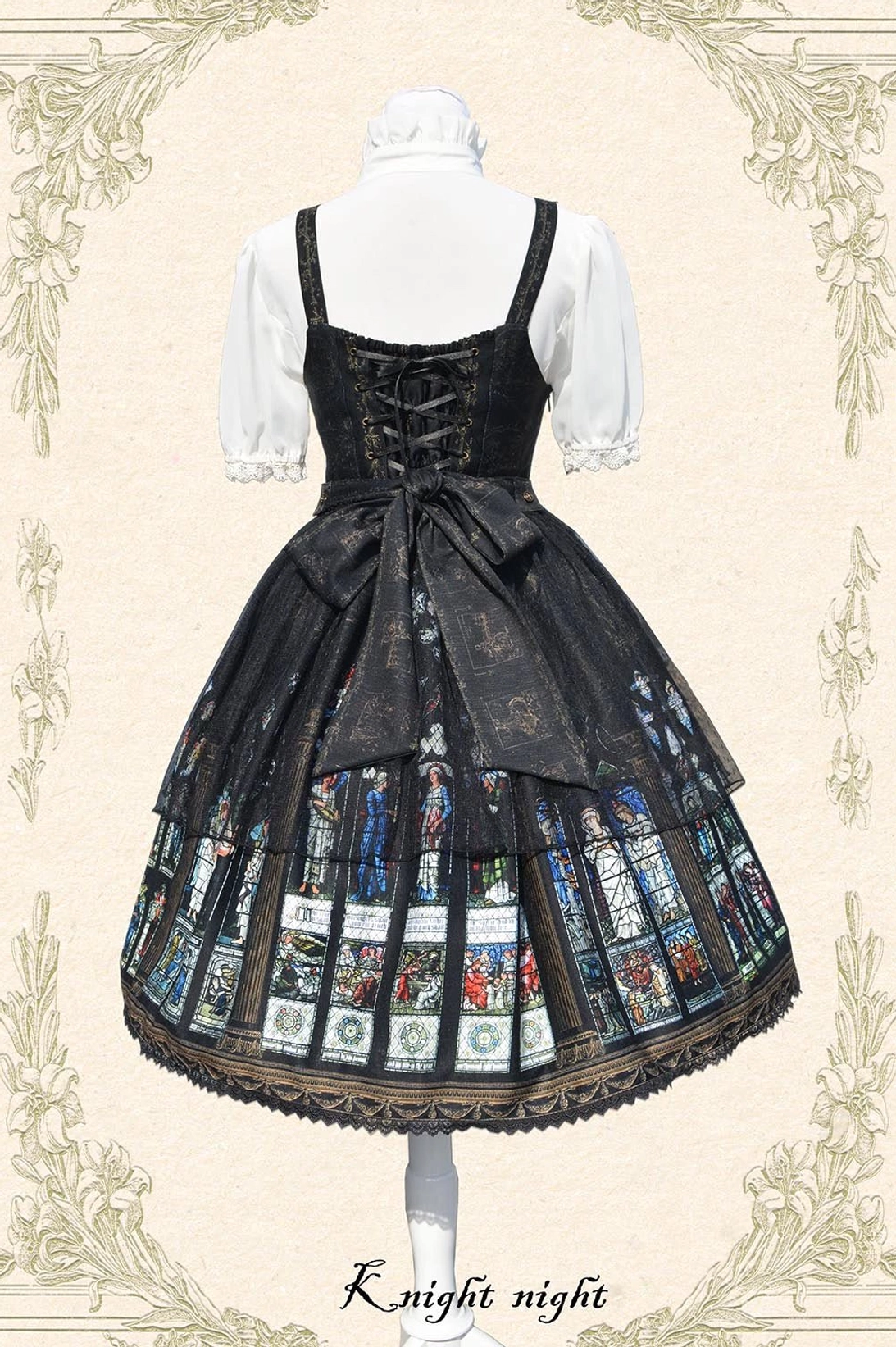 Black with Red Saint Priest Lolita Jumper Skirt front view, stained glass religious print, adjustable cross-straps, red accent lace hem, gothic spiritual aesthetic