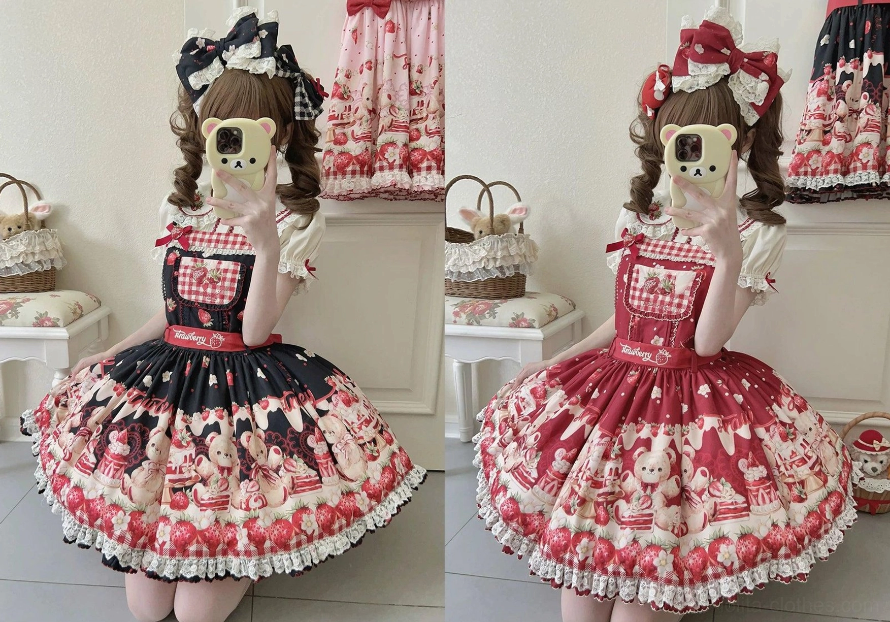 Black-red sweet lolita salopette jumper skirt styled with cardigan and additional accessories, versatile wearing options for casual to formal lolita occasions