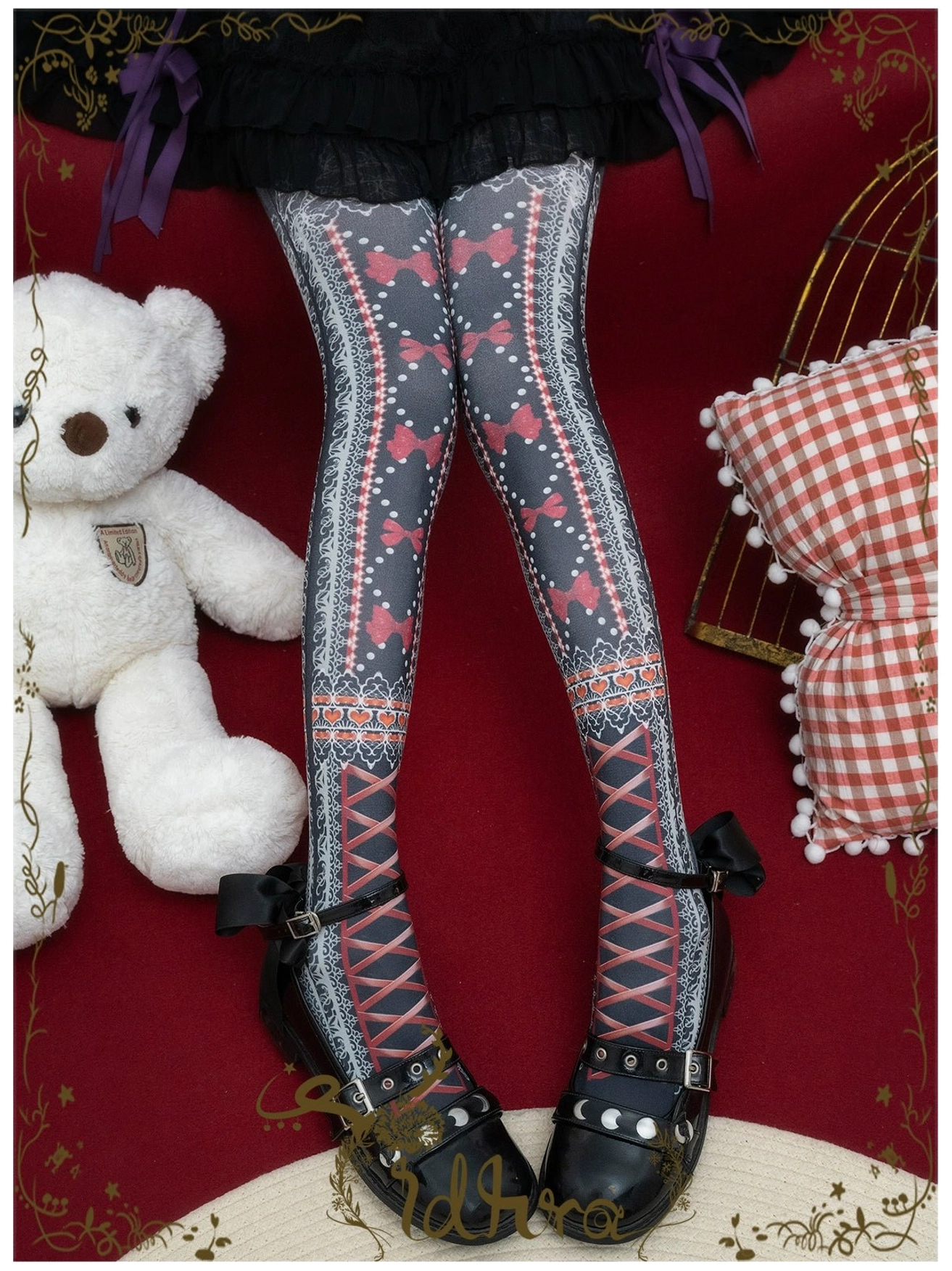 Black regular lolita pantyhose with red bow prints and black cross-strap pattern white lace calf trim paired with black lolita skirt