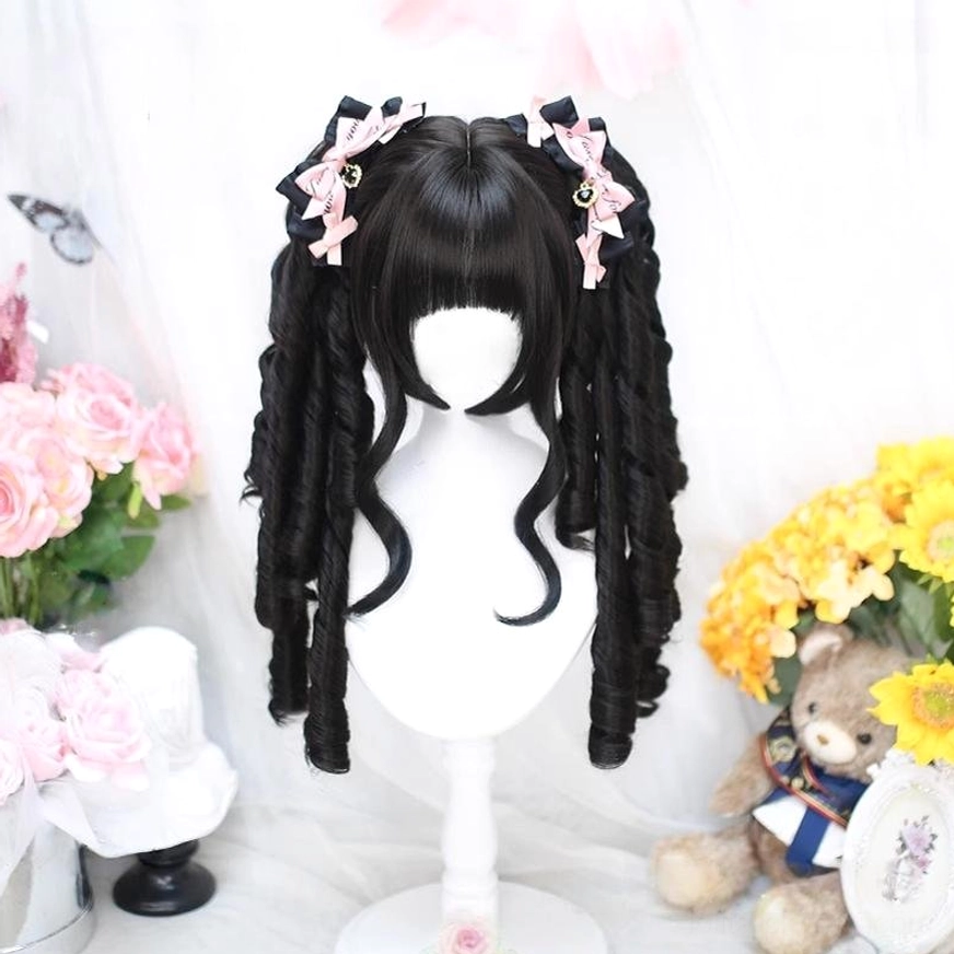 jet black detachable roman curl twin ponytail lolita wig front three-quarter display tight spiral curls blunt fringe bangs gem studded bows vintage aesthetic