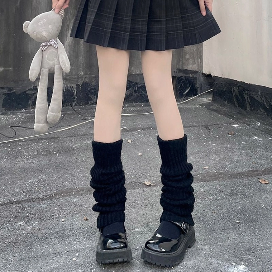 Black ribbed lolita leg warmers front standing full view plaid jk skirt teddy bear outdoor rooftop
