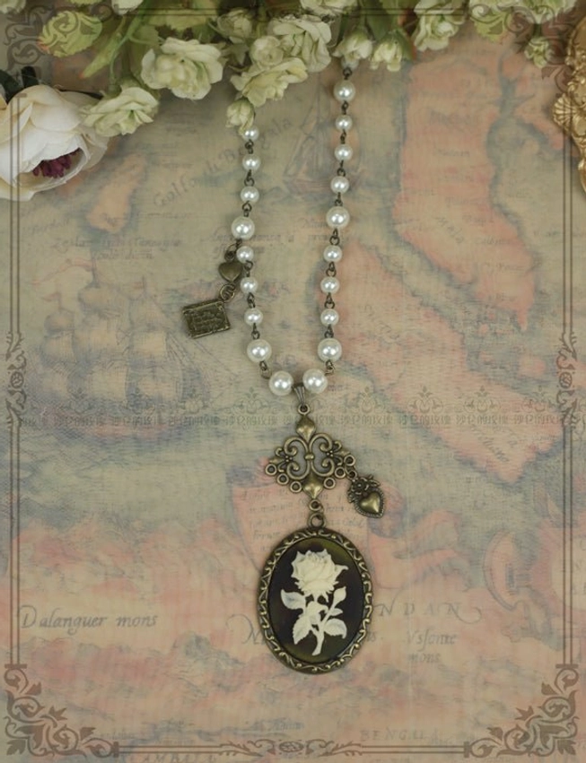 Black rose cameo lolita necklace vintage pearl chain bronze metal hardware classic lolita accessory flat lay display