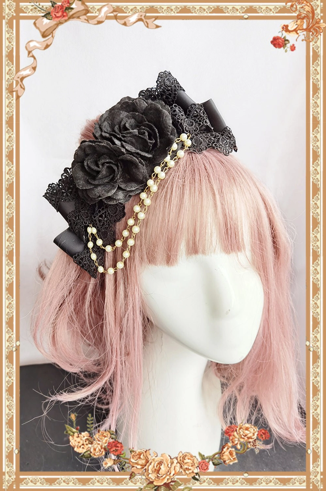 black rose lace bow gothic lolita hair clip headdress front wearing display mannequin dark elegant style with pearl chain ornament