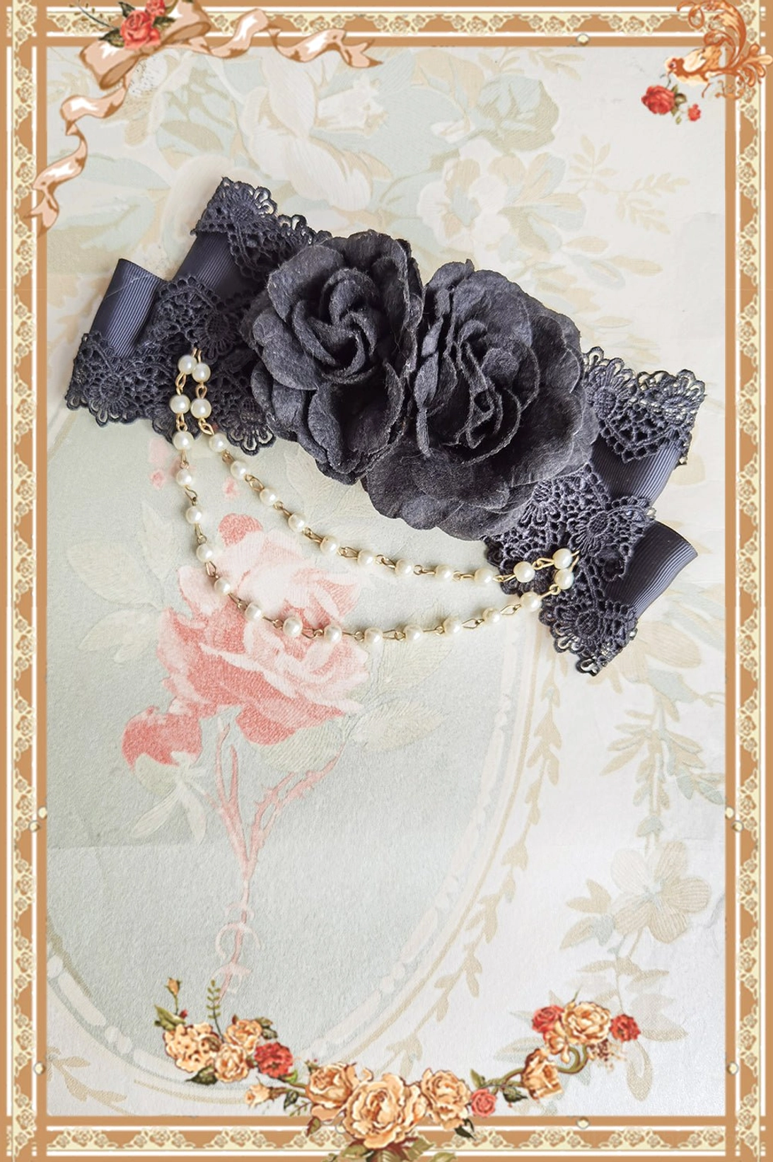 black rose flower lace bow lolita hair clip flat lay top-down view showing removable pearl tassel chain gothic elegant accessory