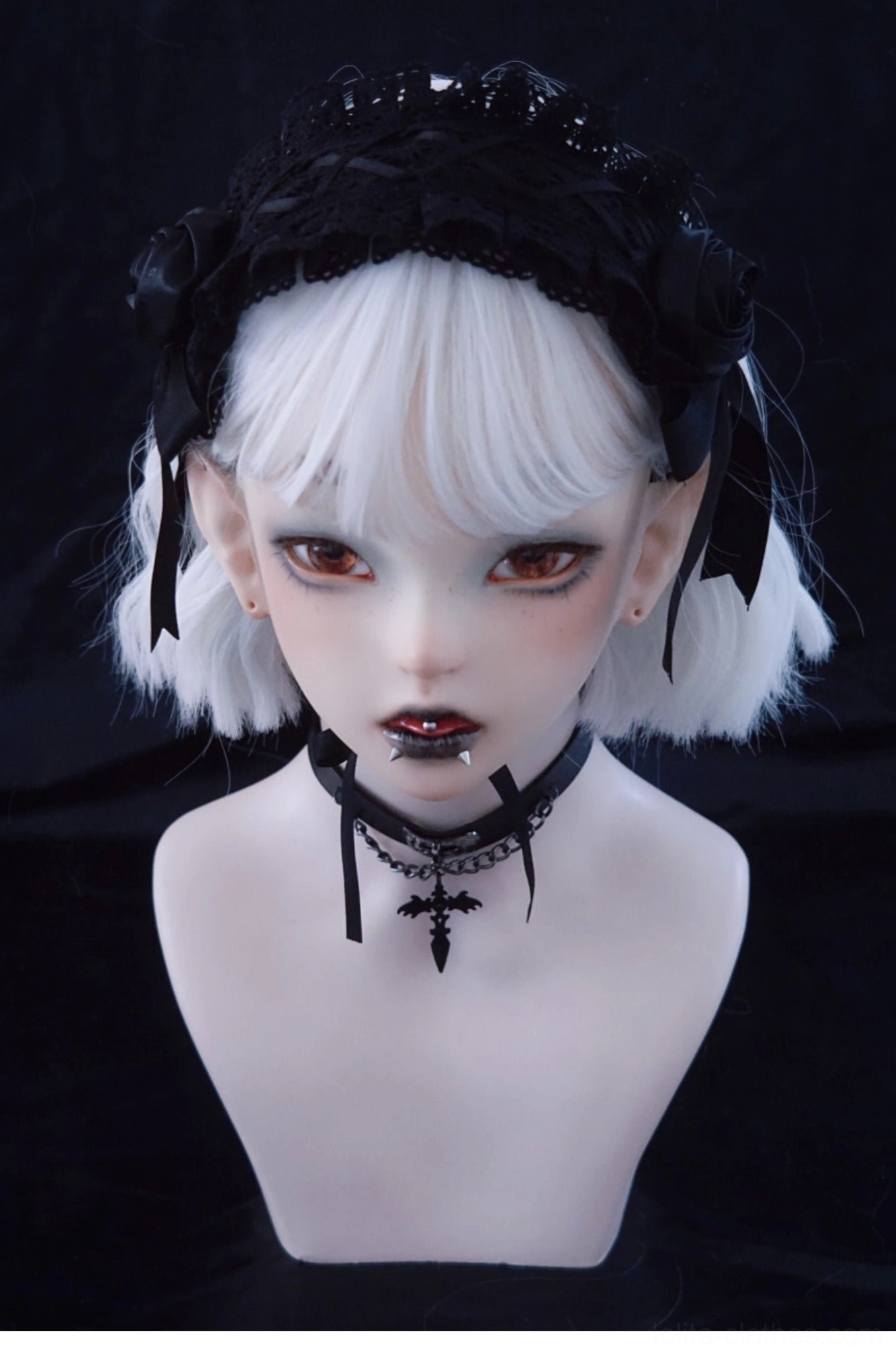 Black rose lolita hairband standard frontal headshot view handmade satin rose bow accents on mannequin