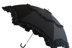 Black classic Lolita ruffled parasol with layered lace trim and curved J-shaped metal handle displayed on white background