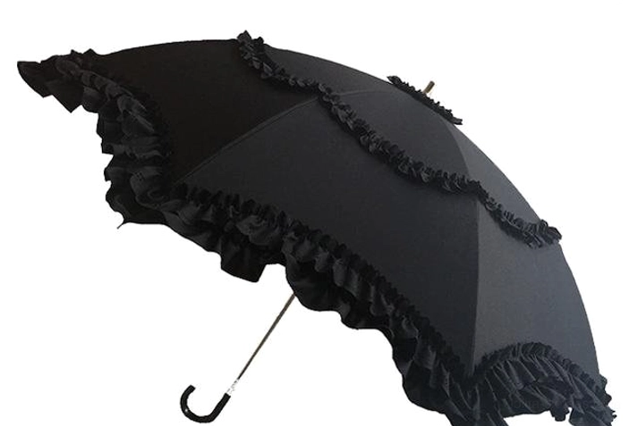 Black classic Lolita ruffled parasol with layered lace trim and curved J-shaped metal handle displayed on white background