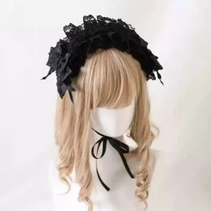 Black sophisticated ruffled lace Lolita hair accessory with concealed clip and adjustable black satin neck tie straps shown on mannequin front display
