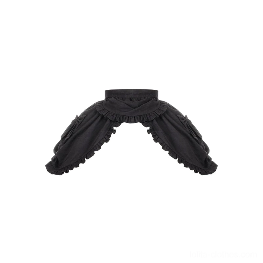 Black ruffled lolita skirt drape panel accessory - flat lay display showing pure black color, layered ruffled frill trim, and detachable bustle-style overlay for lolita ensemble