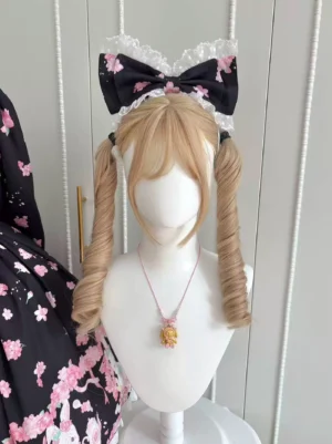 Black sakura lolita KC headband front view with pink cherry blossom prints white lace trim worn on mannequin with matching sakura dress coordinate
