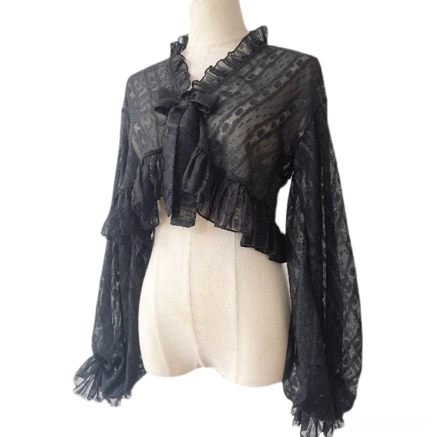 Solid black sheer lace-like jacquard chiffon puff sleeve Lolita cardigan with ruffled V-neck and front bow displayed