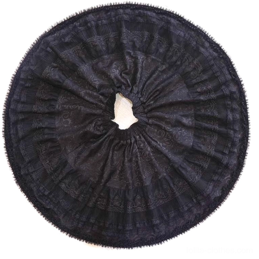Black short gothic lolita skirt individual product shot showing 42cm length, 360-degree ruffled hemline, elastic waist detail, and standalone styling without additional pieces