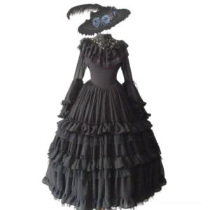 Black Short Style Gothic Wedding Lolita OP Dress with stand collar hime sleeves and layered ruffled hem displayed on mannequin with witch hat accessory