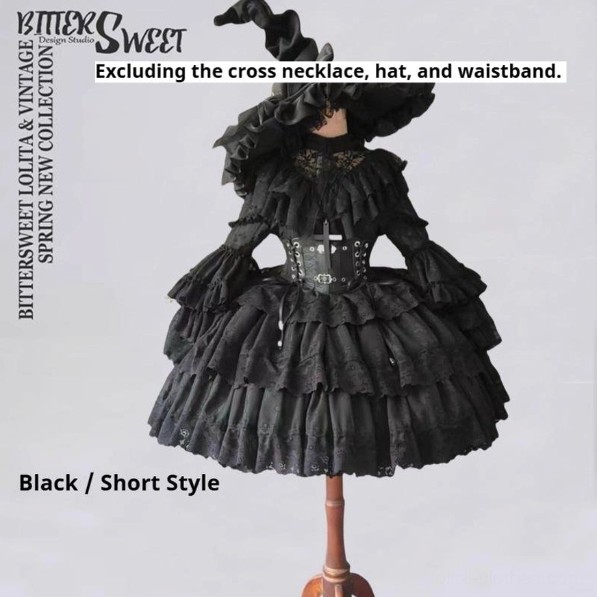 Black Short Style Gothic Wedding Lolita OP Dress basic version front full-body display without accessories on wooden dress mannequin studio setting