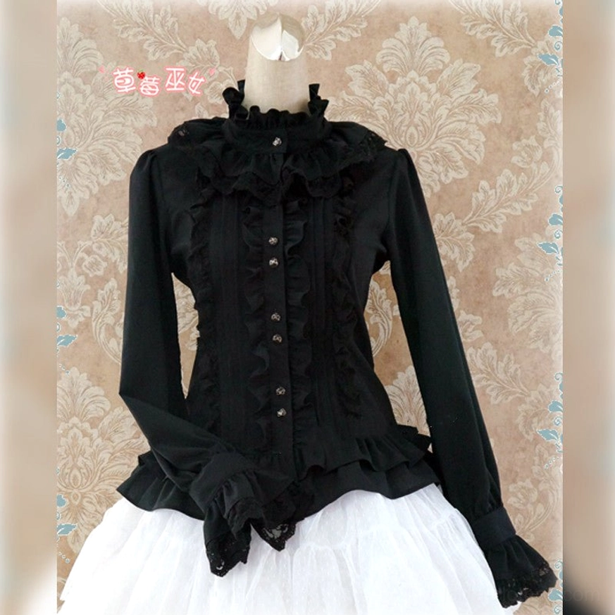 Black silk stand collar Lolita blouse front full view with ruffled stand collar button placket and dramatic Victorian silhouette