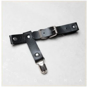 Single black adjustable Lolita thigh garter clip with elastic strap faux leather detail silver buckle and stocking clasp
