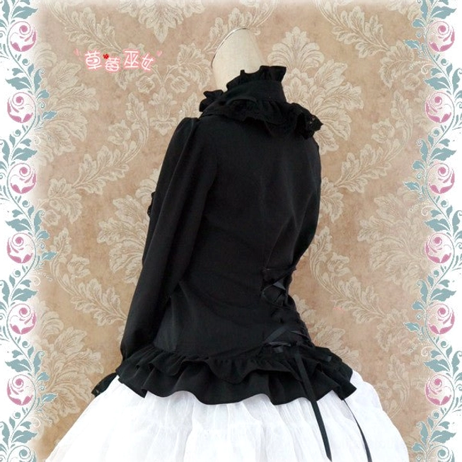 Black silk Lolita stand collar blouse back partial view showing lace-up waist detail paired with white crinoline skirt