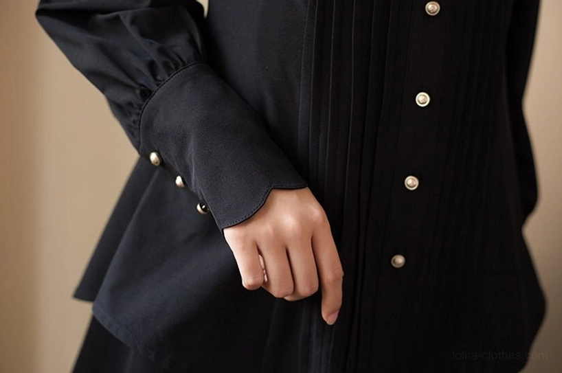 Black stand collar Lolita blouse low-angle front pleats round metal buttons sleeve satin-like fabric texture real hand touch
