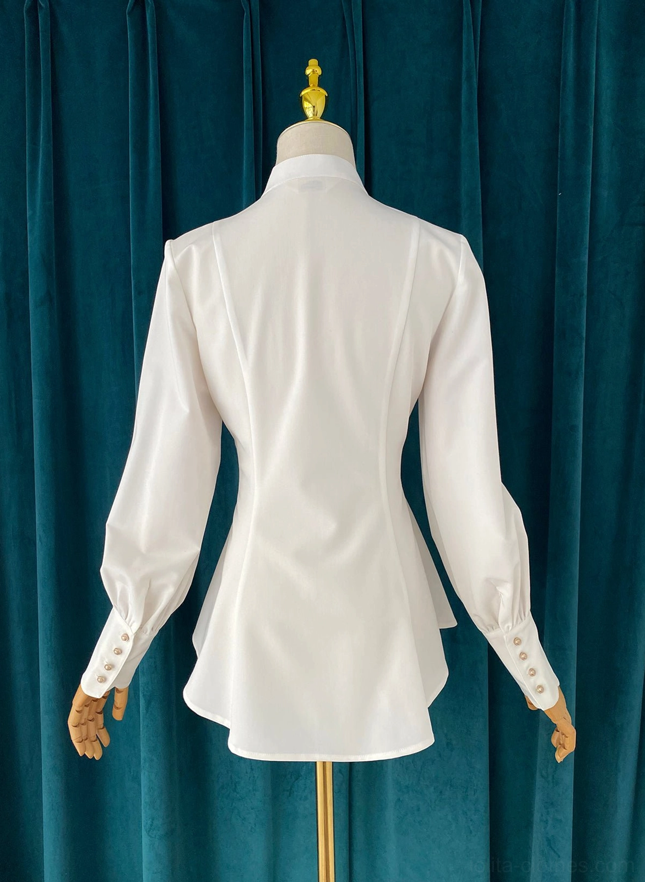 Black stand collar mutton sleeve Lolita blouse button detail round metal closures front placket professional finish