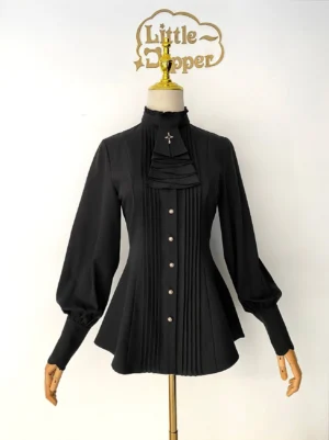 Black Lolita stand collar mutton sleeve blouse front full-body display mannequin white background scalloped cuffs metal buttons