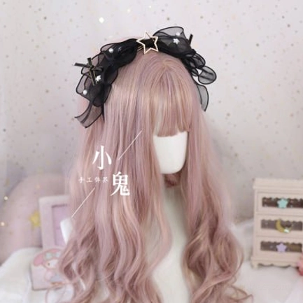 Black star pearl organza bow lolita hair clip with metal star ornament and layered ruffles front view