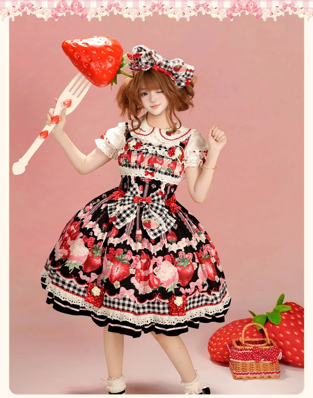 Black strawberry cream print Lolita JSK dress full-body front pose gingham bow lace trims detailed print strawberry fork picnic basket