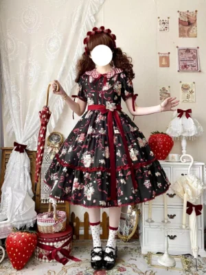 Black strawberry floral print lolita op dress with layered ruffled skirt and mary jane shoes cottagecore daily wear