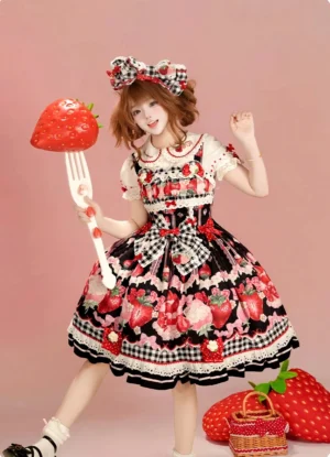 Black-based strawberry cream print Lolita JSK dress dynamic full-body front pose gingham check bow lace trims picnic aesthetic