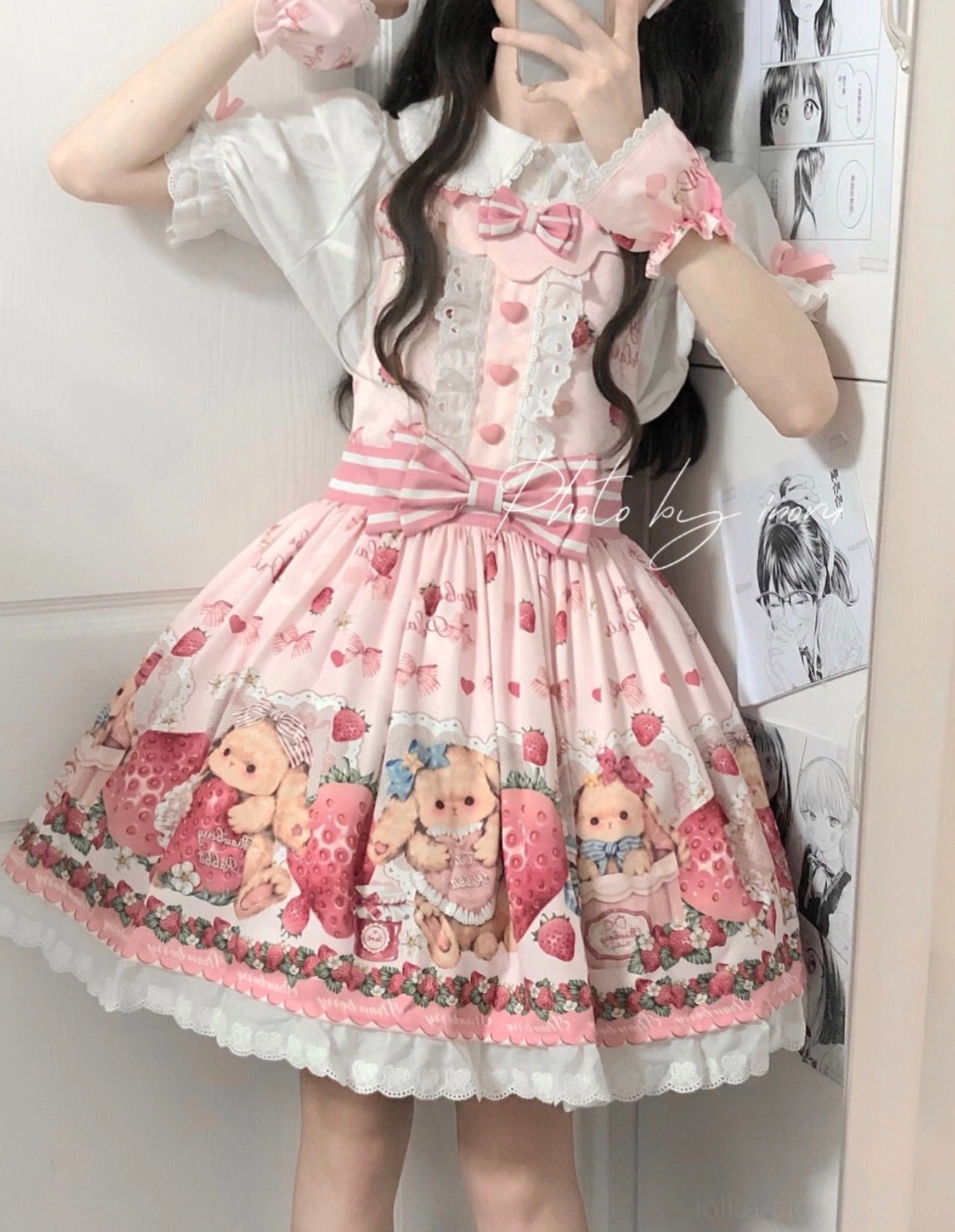 Black strawberry rabbit lolita salopette JSK three-quarter front view showing complete design pattern and styling