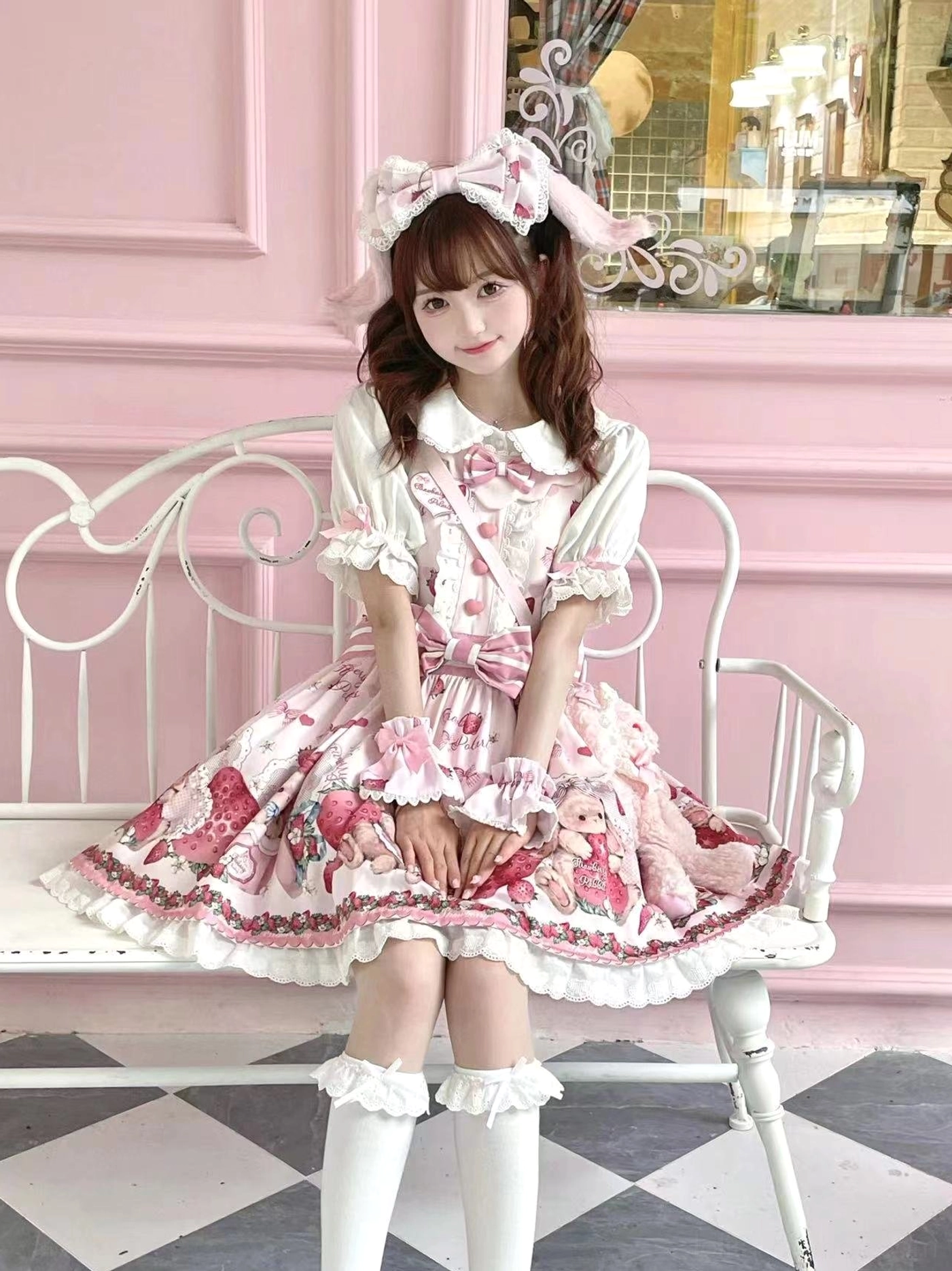 Black strawberry rabbit sweet lolita salopette only option without accessories or blouse flat lay dress piece display