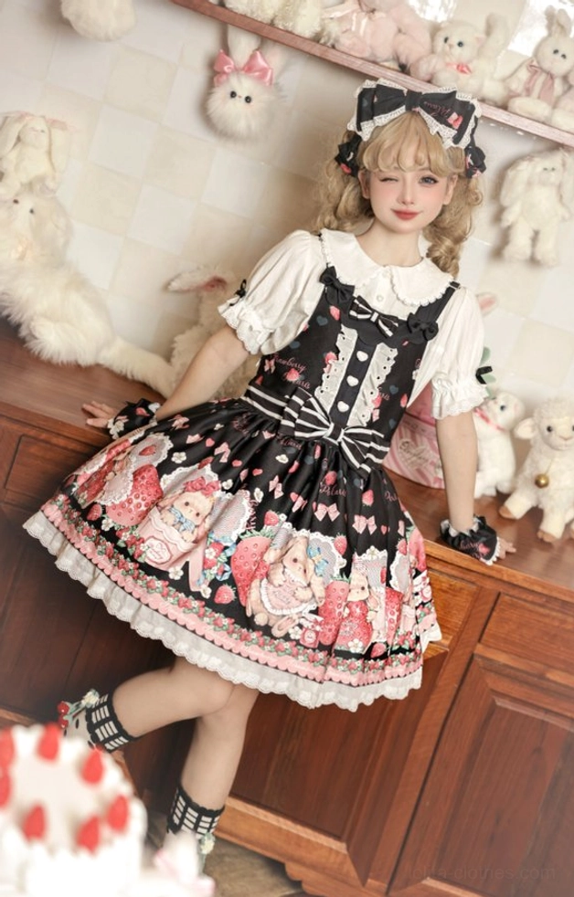 Black strawberry rabbit sweet lolita salopette only option dress piece single item without accessories