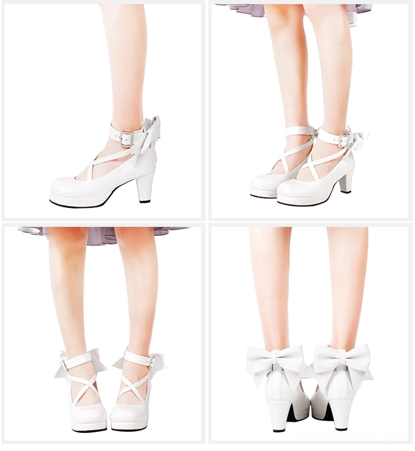 Black suede matte Lolita platform high heel shoes with rich finish, crossover ankle buckle straps, small back bow, round toe, block heel - elegant dark coordinate piece