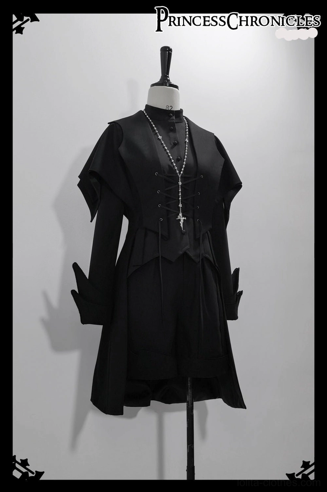 Black swallowtail Ouji Lolita long vest material care and maintenance guide showing proper washing, drying, and storage instructions for polyester-viscose blend garment preservation