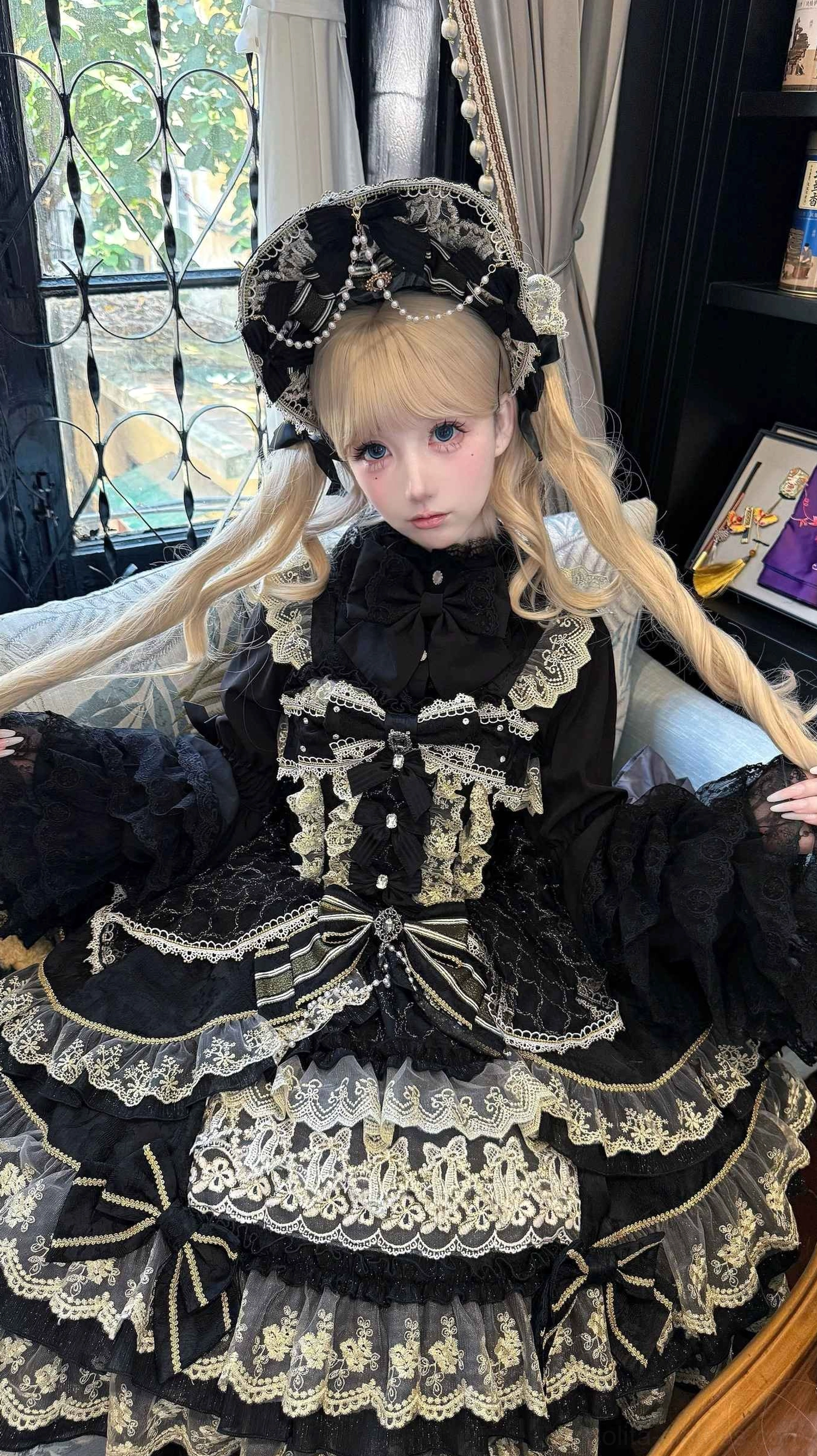 Black sweet lolita BNT bonnet hat one-size fit elastic band back adjustment