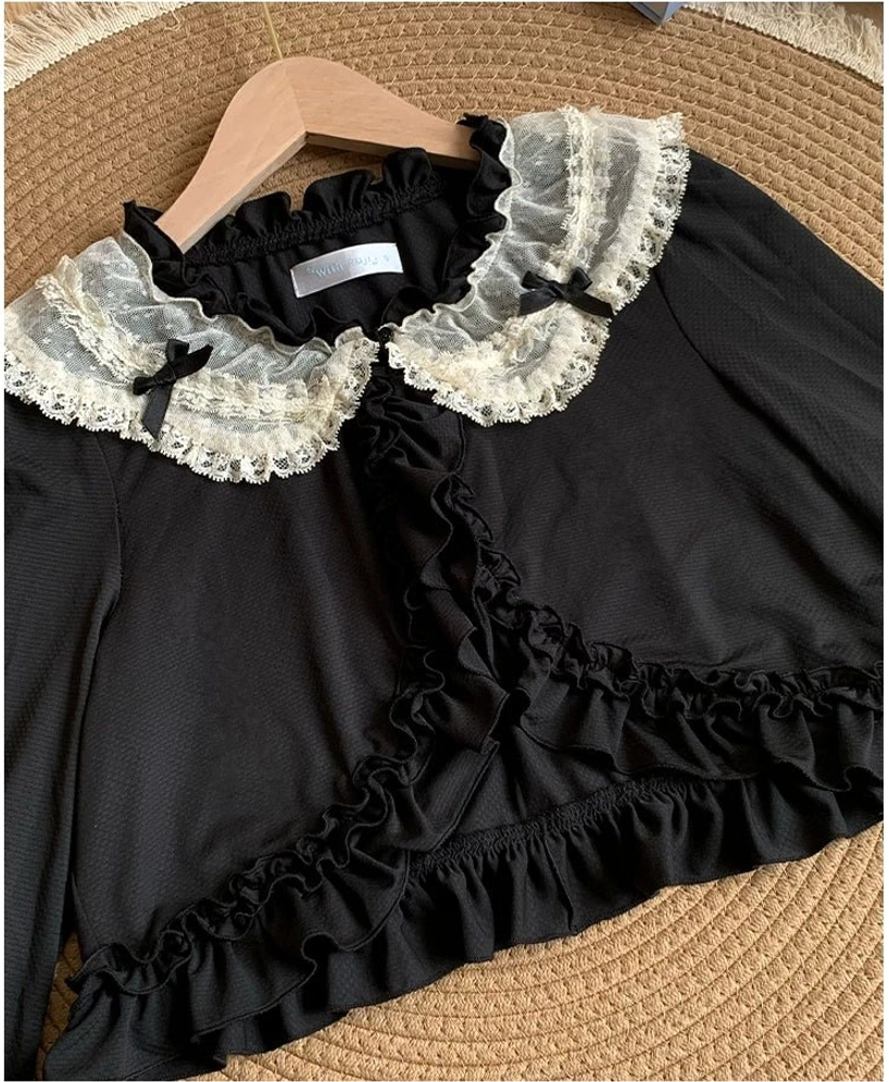 Close-up detail shot black sweet lolita bolero collar placket layered scalloped lace tiny black bow ornaments ruffled lace trim front opening