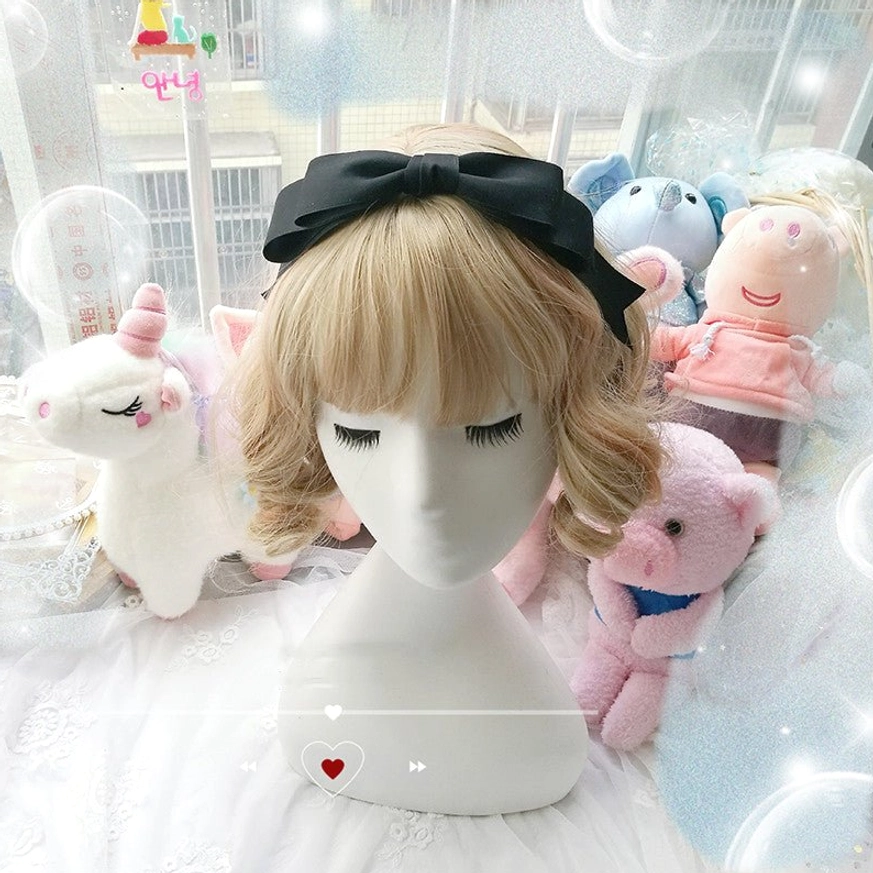 Black sweet lolita hair bow clip KC matte satin fabric different angle styling display background