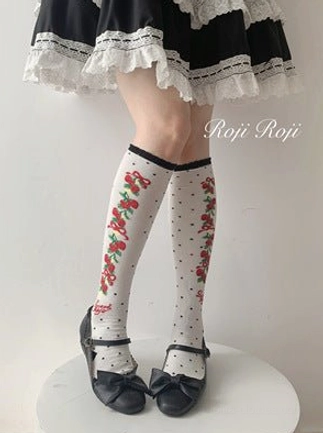 black sweet lolita calf-length knee-high cotton socks elegant flower-patterned upper edge refined dark color lolita hosiery