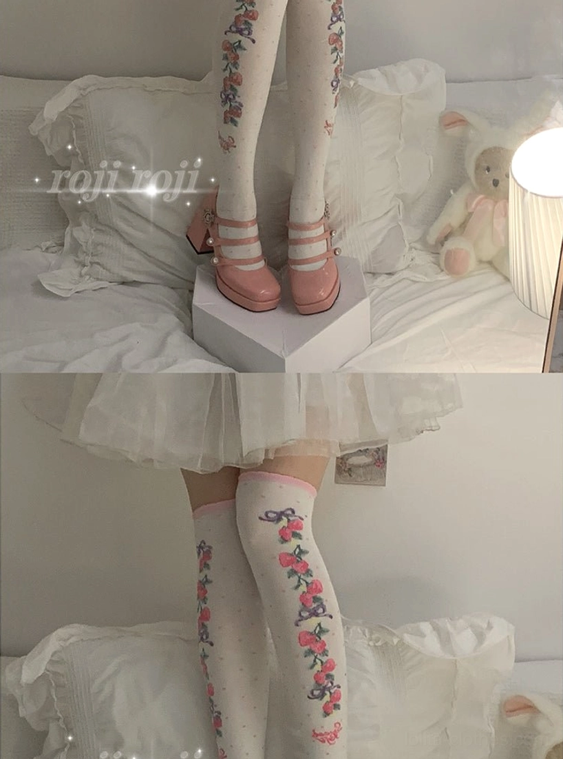 black sweet lolita calf-length knee-high cotton socks elegant flower-patterned upper edge refined design lolita fashion essential