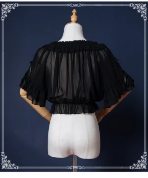 Black sweet Lolita chiffon blouse back view showing shirred bodice and elasticated ruffled short sleeves with gathered waist hem