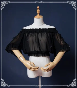 Black off-the-shoulder sweet Lolita chiffon blouse front view with ruffled elasticated neckline and flounce short sleeves displayed on wooden mannequin