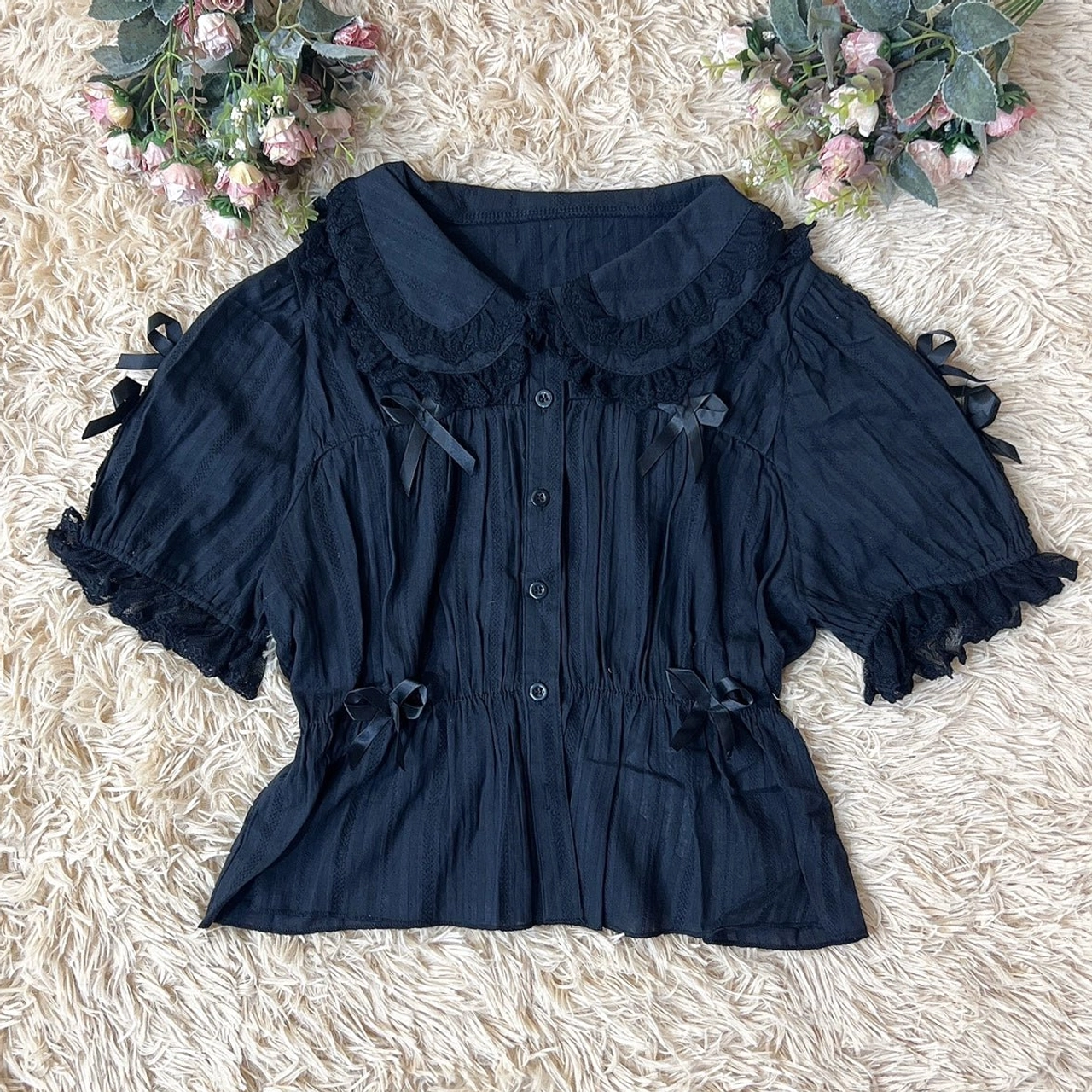 Black sweet lolita doll collar blouse short sleeve lace trim puff sleeves handmade quality detail
