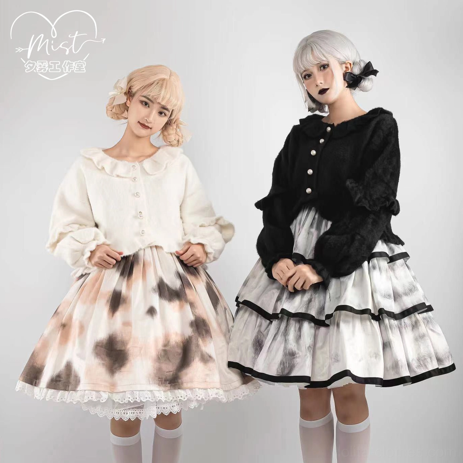 Sweet lolita fuzzy cardigan black color puff sleeves doll collar styling displayed front view detail shot