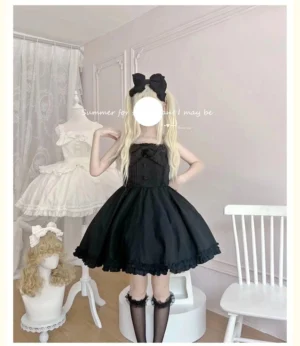 Black plus size sweet lolita JSK dress with ruffled skirt hem front view full-body model