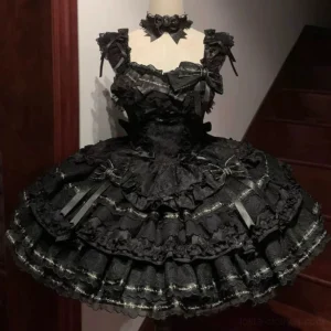 Black sweet lolita princess jumper skirt dress with corset bodice and multi-layered ruffled lace skirt, front mannequin display view