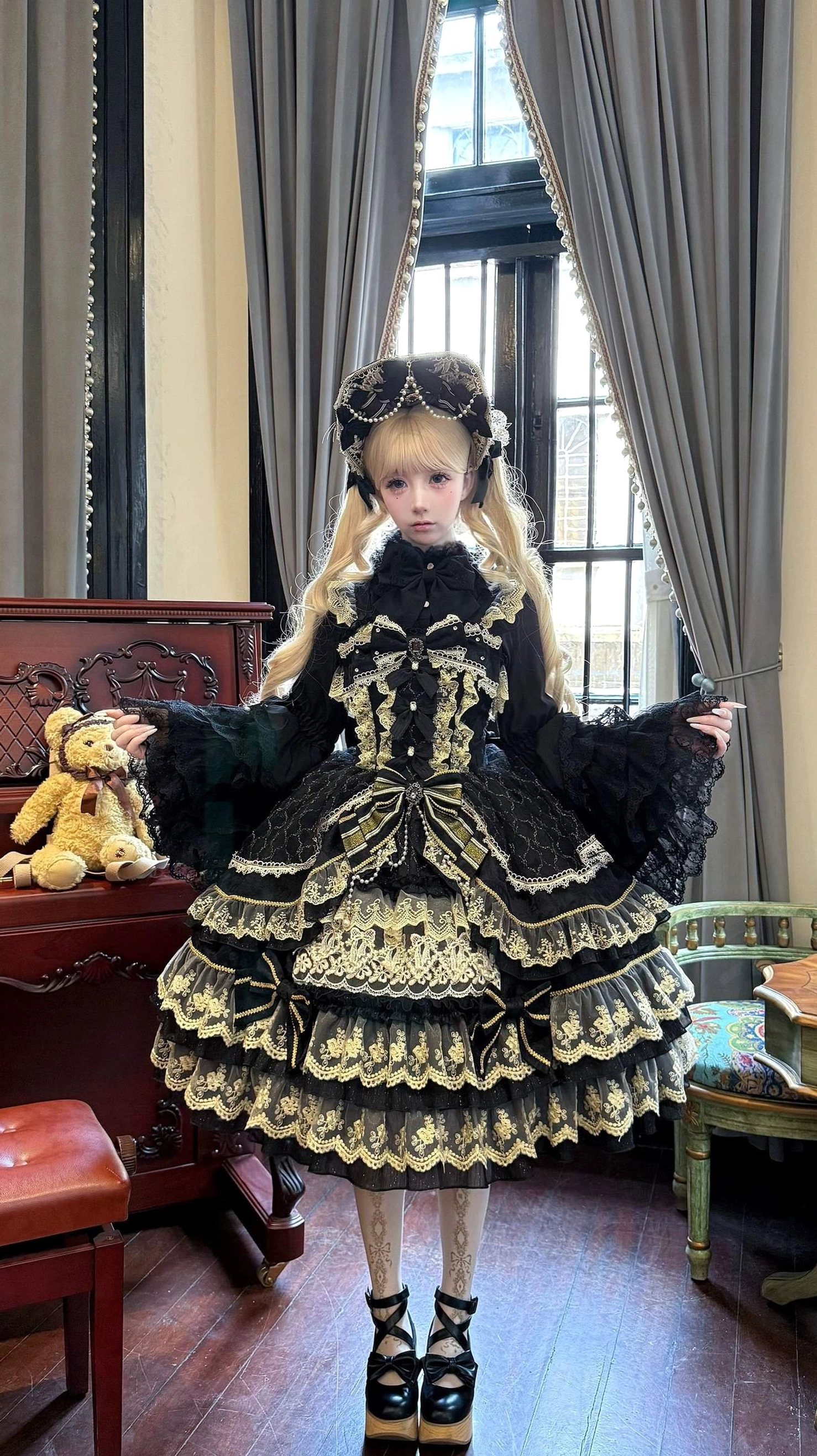 Black sweet lolita JSK only jumper skirt sleeveless lace ruffle dress size chart