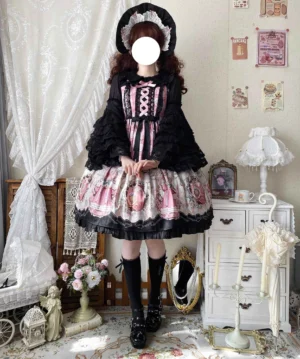 Black Sweet Lolita lace blouse paired with pink-black dress and bonnet on model full body standing view