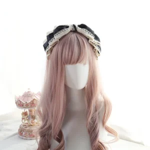 Black Satin Sweet Lolita Lace KC Hair Bow with Vintage Beige Lace Edging - Close-up Detail Shot
