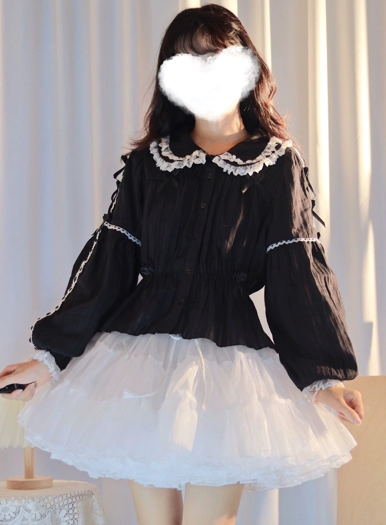 Black sweet lolita blouse long sleeve peter pan collar lace trim puff sleeves elegant wear